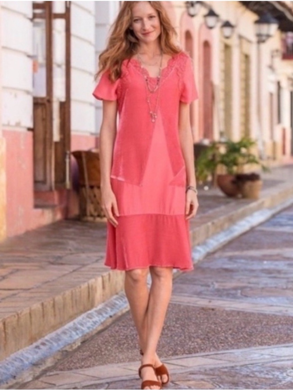 Sundance Coral V‑Neck Dress with Lace Trim